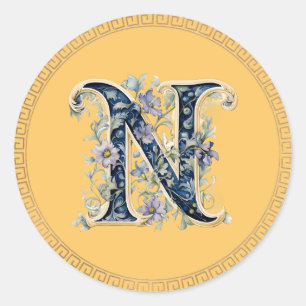 N monogram blue-gold flower classic round sticker
