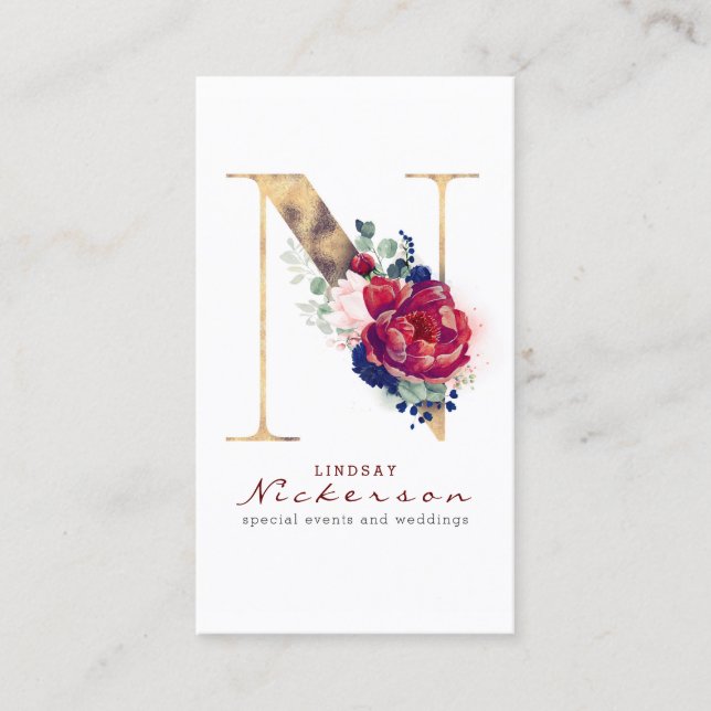 N Monogram Burgundy Gold and Navy Blue Floral Business Card (Front)