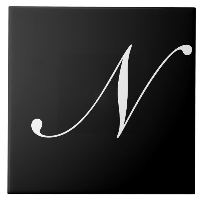 N Monogram Initial White on Black Tile (Front)