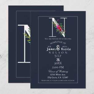 N Monogram Last Initial Modern Blue Floral Wedding Invitation
