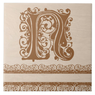 N Monogram Light Brown Wood Texture Ceramic Tile