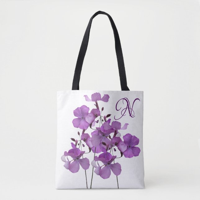 N monogram pretty purple flower floral beach  tote bag (Front)
