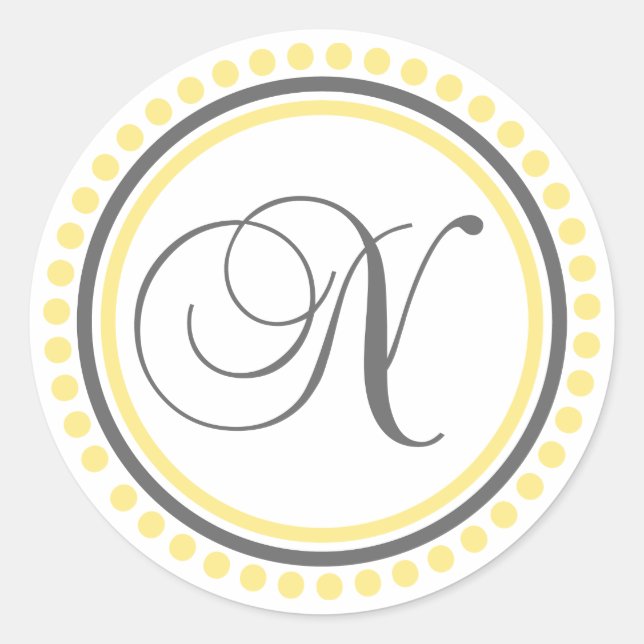 N Monogram (Yellow / Grey Dot Circle) Classic Round Sticker (Front)