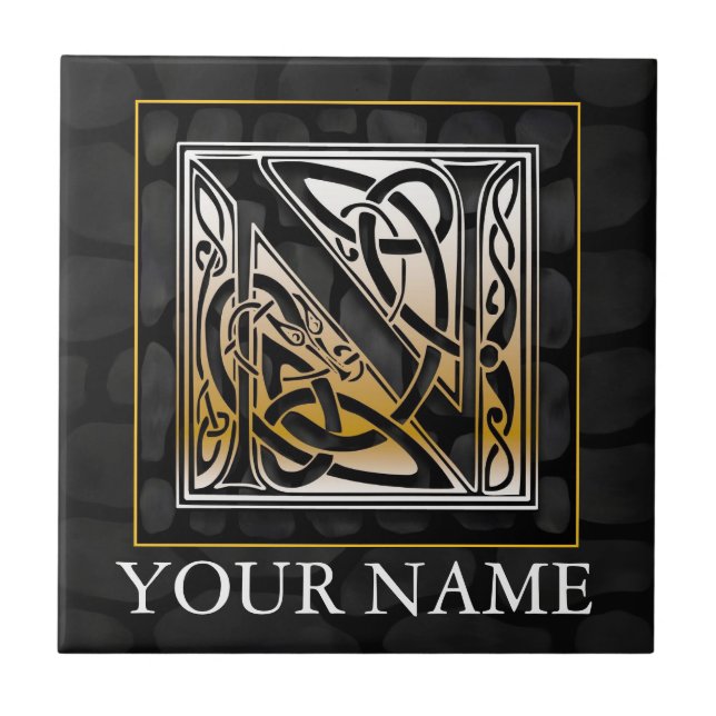 N "Your Name" Celtic Black Stone Monogram Tile (Front)