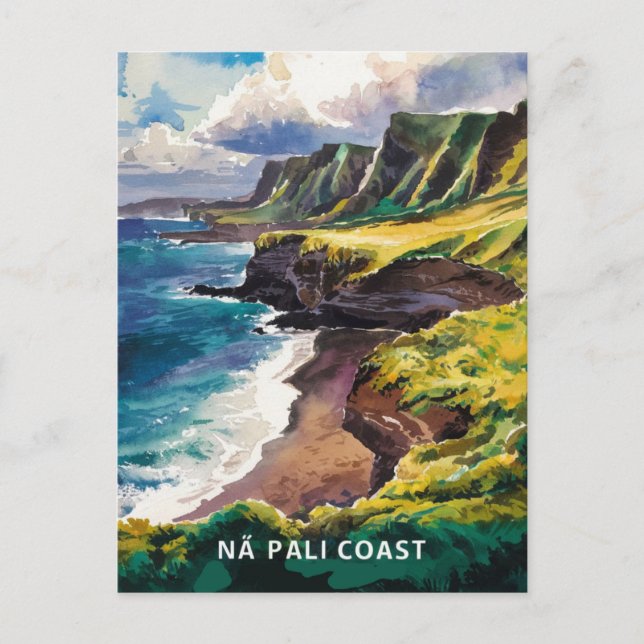 Na Pali Coast Kauai, Hawaii Watercolor Painting Postcard (Front)