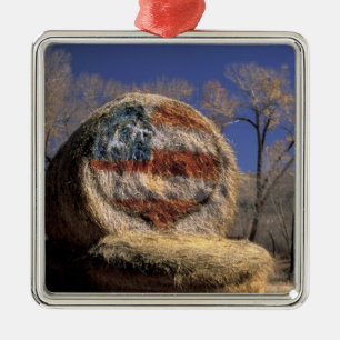 NA, USA, Colorado, Gunnison. Patriotic hay roll Metal Tree Decoration