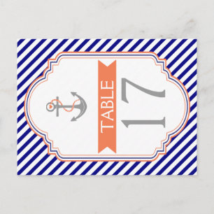 Naby blue, coral nautical wedding table number postcard