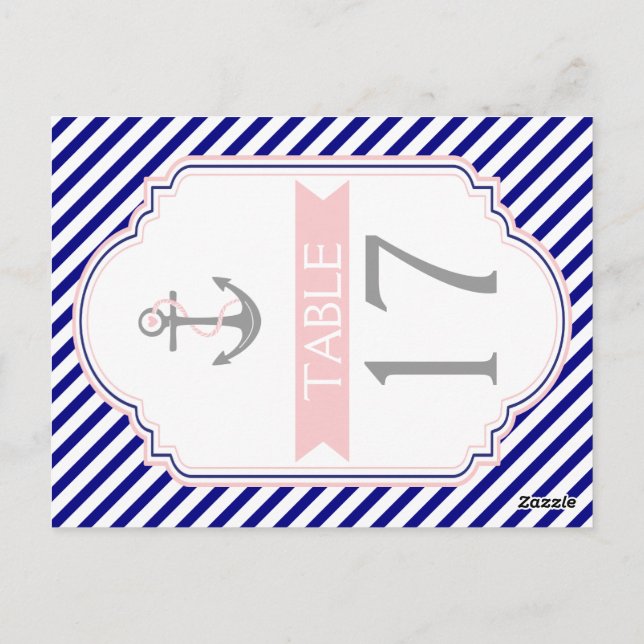 Naby blue, pink nautical wedding table number postcard (Back)
