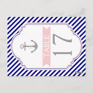 Naby blue, pink nautical wedding table number postcard