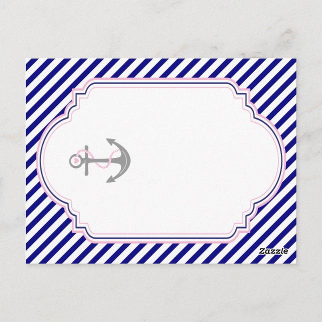 Naby blue, pink nautical wedding table number postcard (Back)