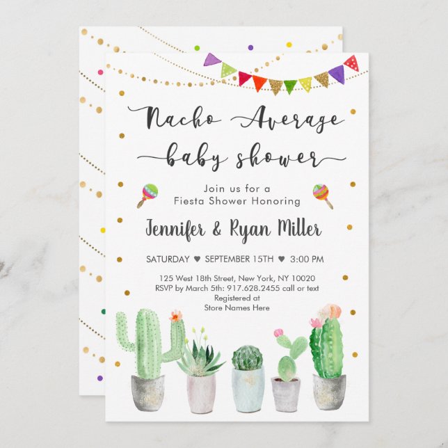 Nacho Average Baby Shower Gold Fiesta Cactus Invitation (Front/Back)