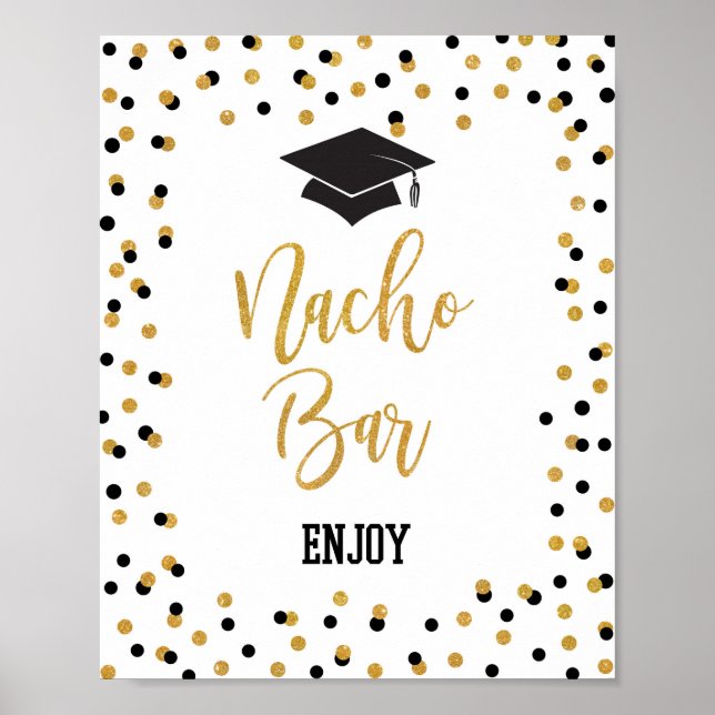NACHO BAR Graduation Party Sign Black Gold Glitter (Front)