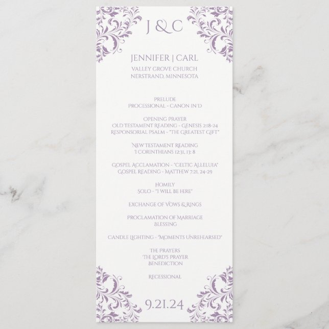 Nadine Wedding Program - Tea-length -Lavender Programme (Front)