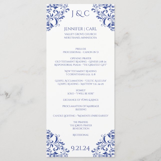 Nadine Wedding Program - Tea-length -Royal Blue Programme (Front)