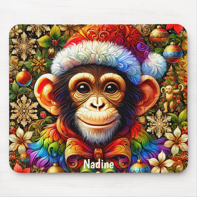 NADINE ~ Zany CHIMPANZEE Christmas  Mouse Mat (Front)