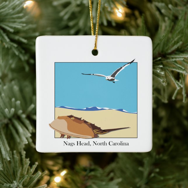 Nags Head, NC Horseshoe Crab Seagull Beach Ceramic Ornament (Tree)