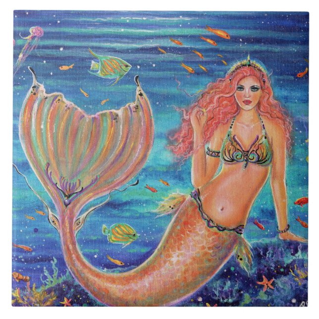 Naia mermaid with tropical fish by Renee Lavoie Tile (Front)