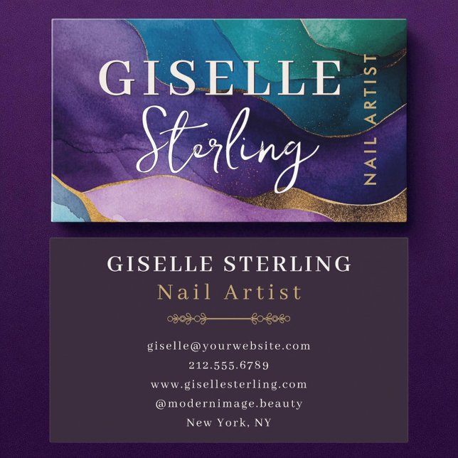 Nail Artist Abstract Purple Gold Wavy Watercolor  Business Card (Creator Uploaded)