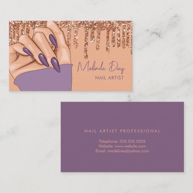 Nail Artist Designer Salon Faux Glitter Purple Business Card (Front/Back)