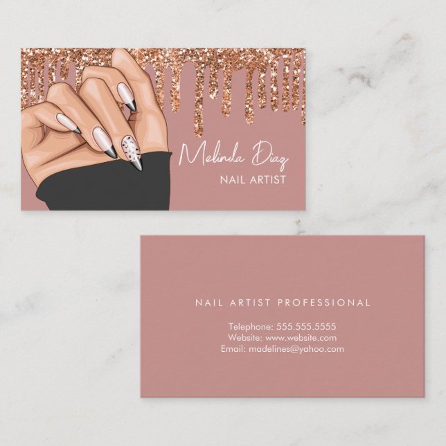 Nail Artist Designer Salon Faux Glitter Rose Pink Business Card (Front/Back)