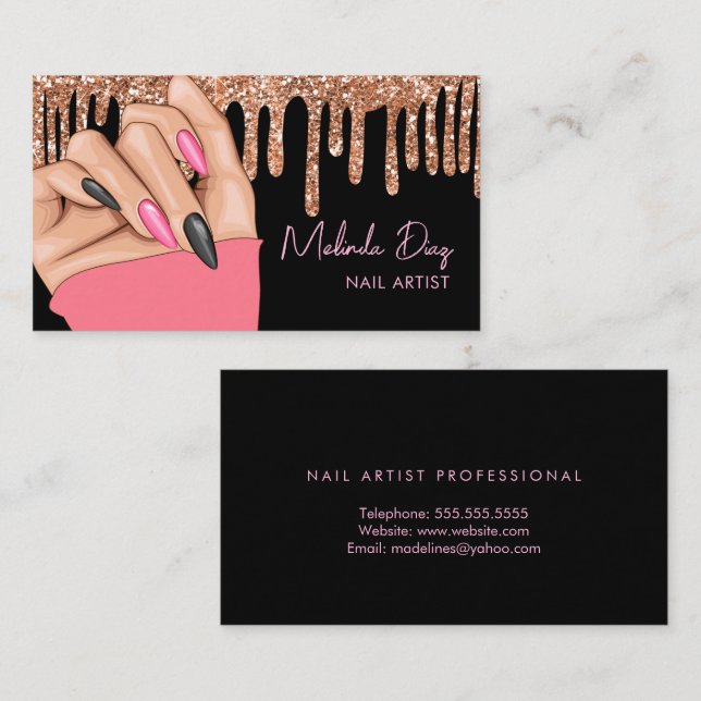 Nail Artist Designer Salon Rose Faux Glitter Pink  Business Card (Front/Back)