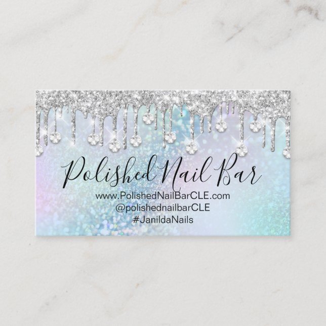 Nail Artist Drips Blue  Holographic Diamond Business Card (Front)