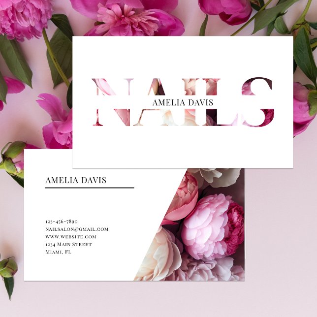 Nail Artist Elegant Floral White Pink Manicurist  Business Card (Creator Uploaded)