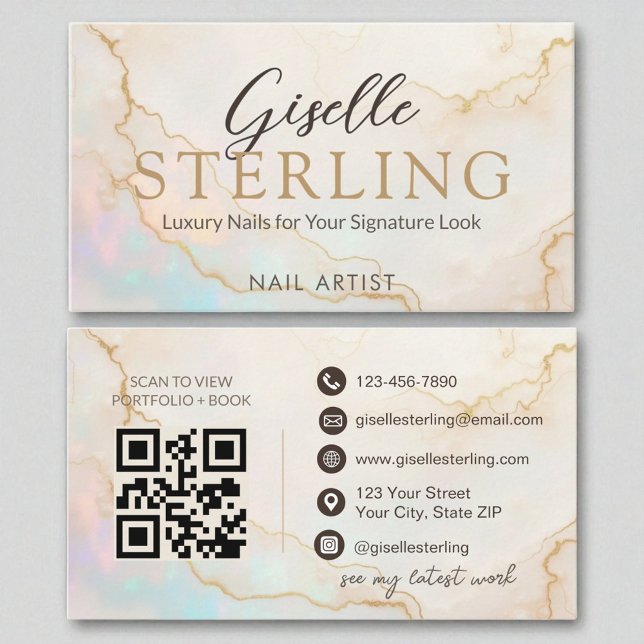 Nail Artist Elegant Pearl Opal Gold Script Business Card (Creator Uploaded)