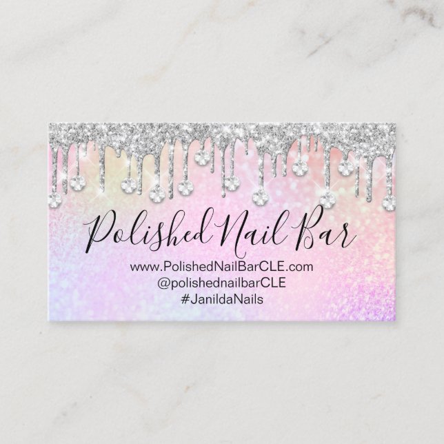 Nail Artist Holograph Diamond Silver Drip. Ombre Business Card (Front)