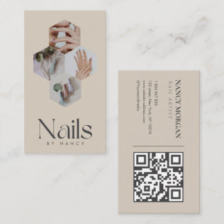 Nail Artist Honeycomb Photo Qr Code Beige Business Card