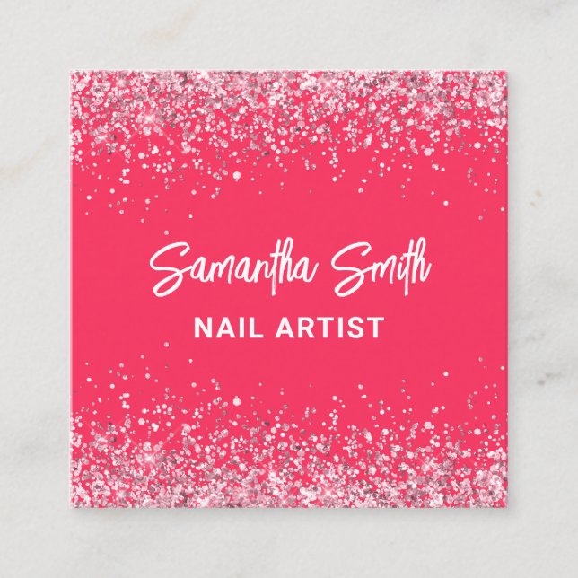 Nail Artist Hot Pink Glitter Salon Square Business Card (Front)