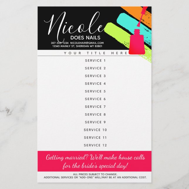 Nail artist manicure pedicure salon price list flyer (Front)