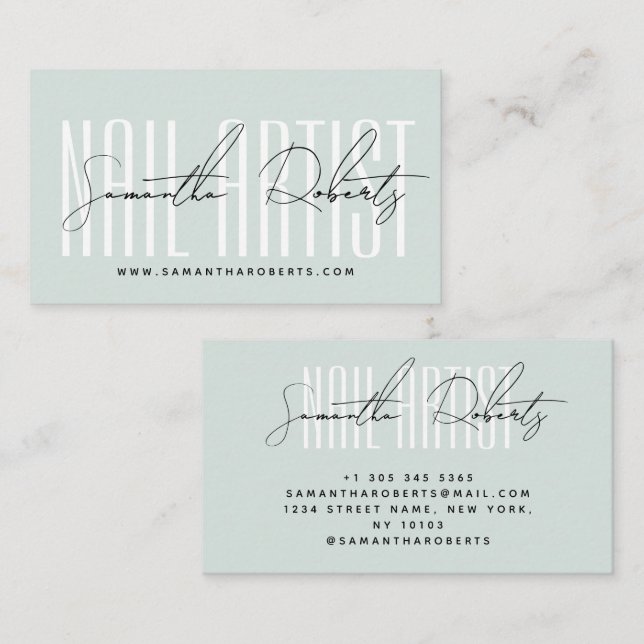 Nail artist modern typography script blue business card (Front/Back)