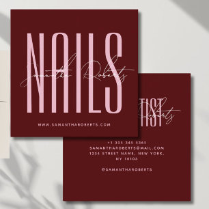 Nail artist modern typography script red square business card