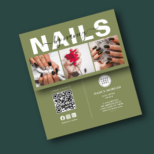 Nail Artist Olive Green 3 Photo Grid QR Code Business Card