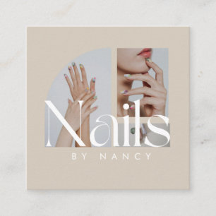 Nail Artist Photo Collage Beige Square Business Card