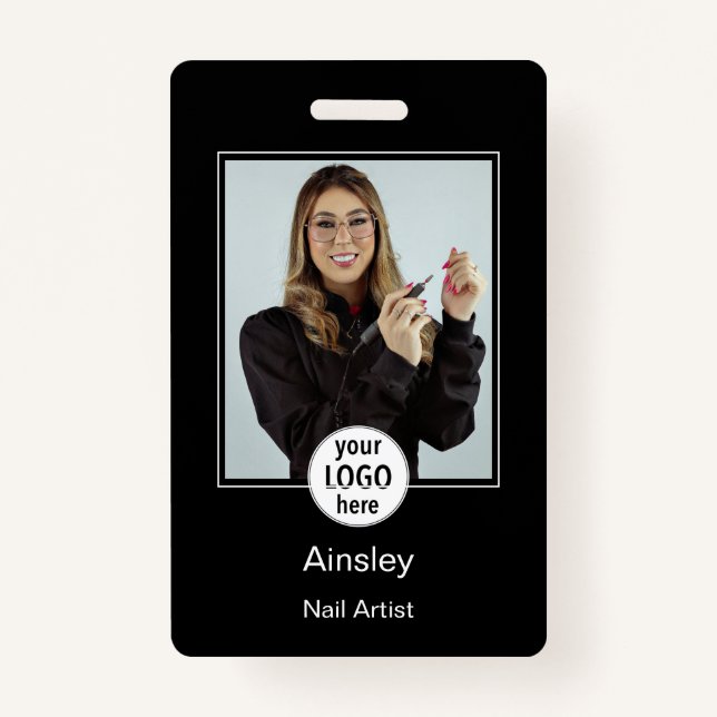  Nail Artist Photo Logo Black White Name ID Badge (Front)