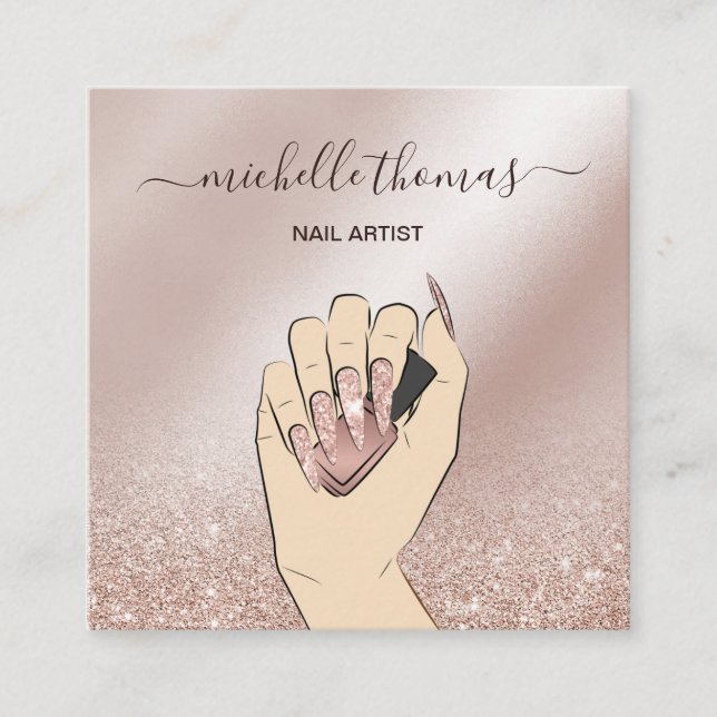 NAIL artist signature rose gold NAIL TECHNICIAN Sq Square Business Card (Front)