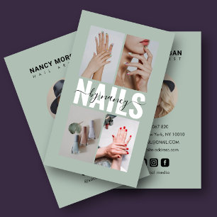 Nail Artist Typography 4 Photo Collage Mint Business Card