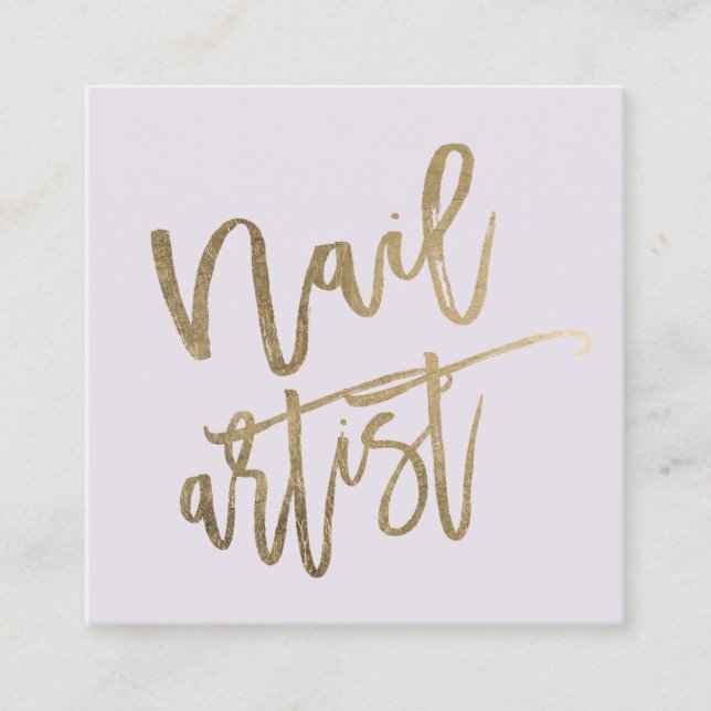 Nail artist typography gold lilac square business card (Front)