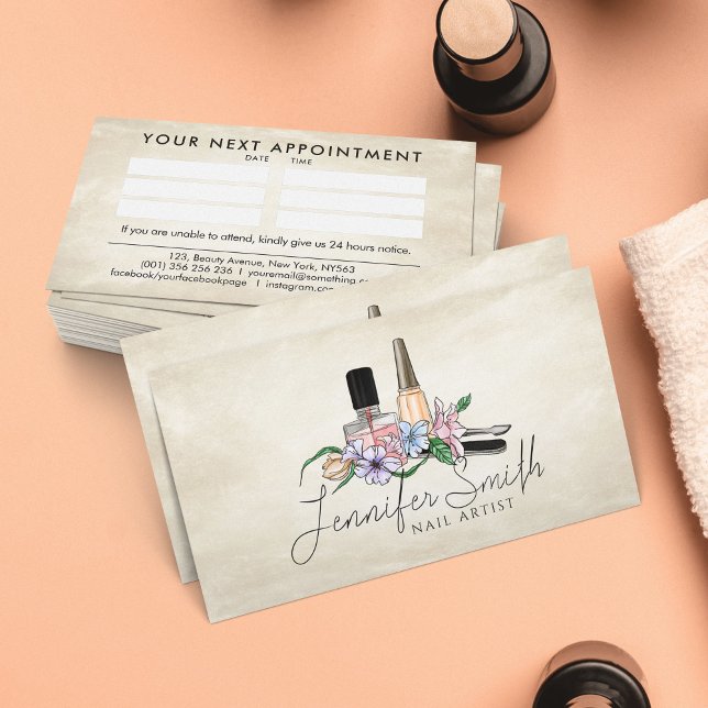 Nail Artist - Watercolor floral illustration Business Card (Creator Uploaded)