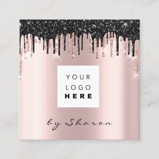 Nail Lashes  Black Drips 6 Punches Logo Rose Square Business Card (Front)