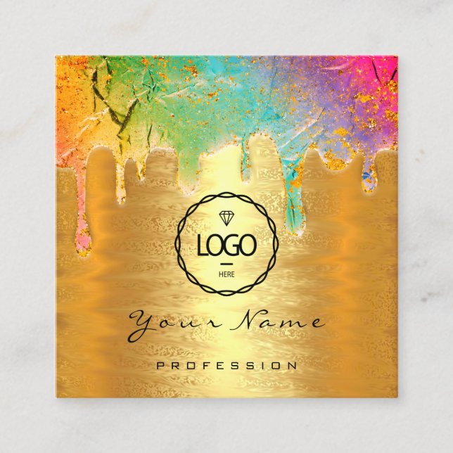 Nail Makeup Holograph Drip Logo QRCode Gold Unicor Square Business Card (Front)