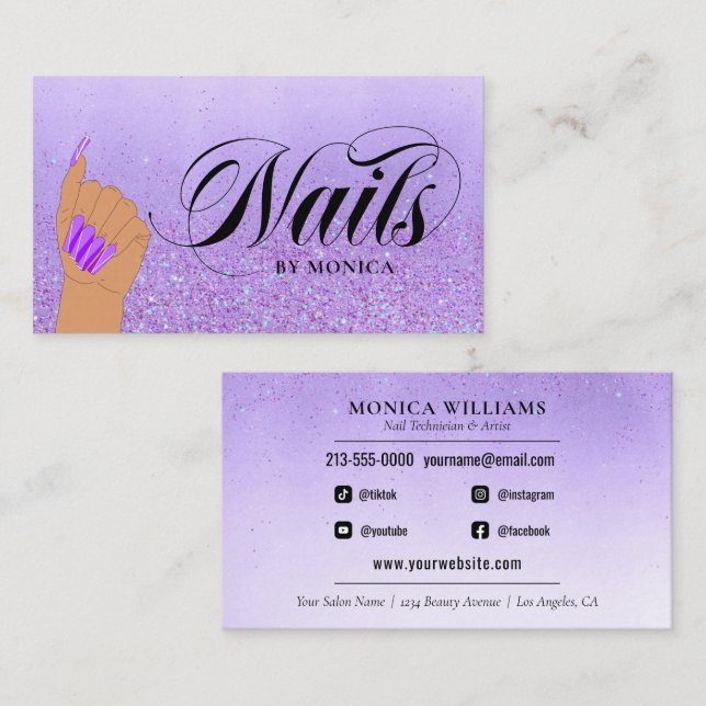 Nail Manicure Tech Purple Glam Glitter Nail Artist Business Card (Front/Back)