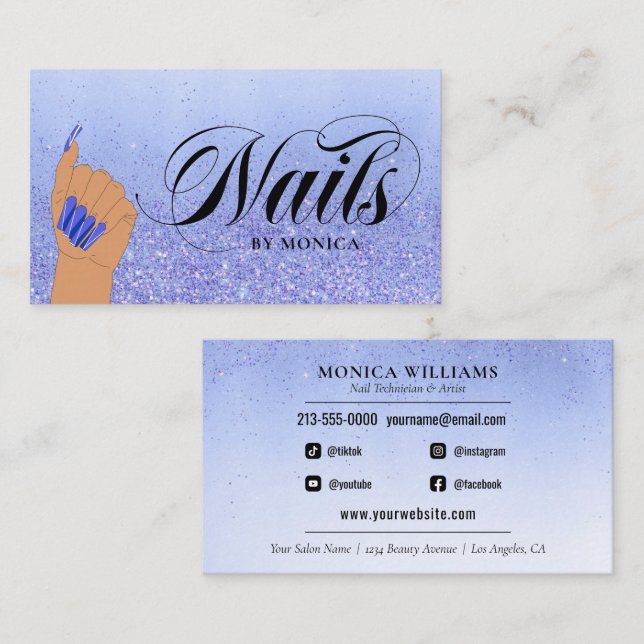 Nail Manicurist Tech Blue Glam Glitter Nail Salon Business Card (Front/Back)