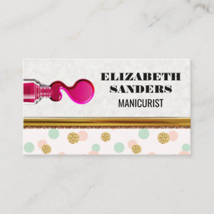 Nail Polish and Brush Polka Dot Gold Border Business Card