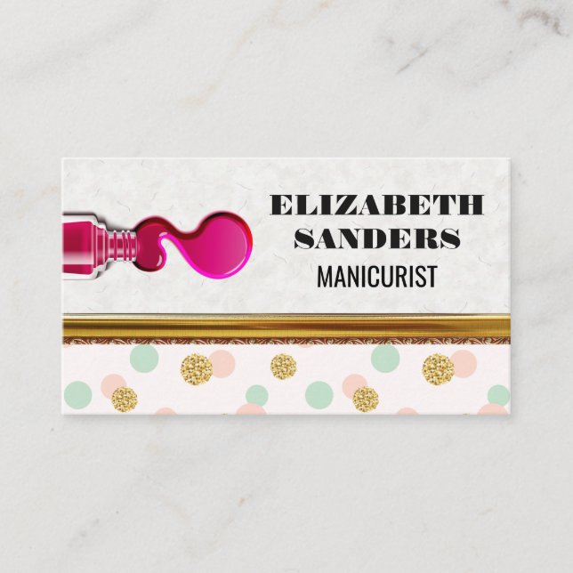 Nail Polish and Brush | Polka Dot | Gold Border Business Card (Front)