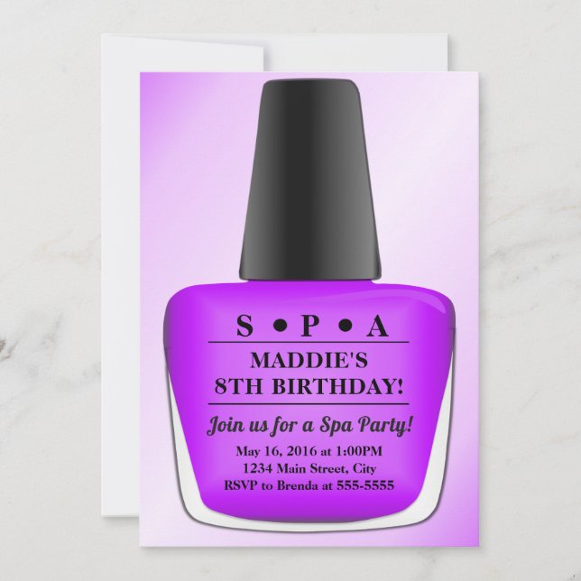 Nail Polish Birthday Invitation Purple Spa Party (Front)