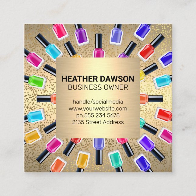 Nail Polish Bottle Frame  | Gold Metallic Flakes Square Business Card (Front)