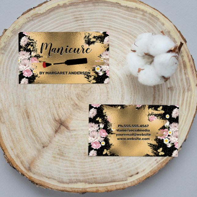 Nail Polish Brush | Gold and Flowers Appointment Card (Creator Uploaded)